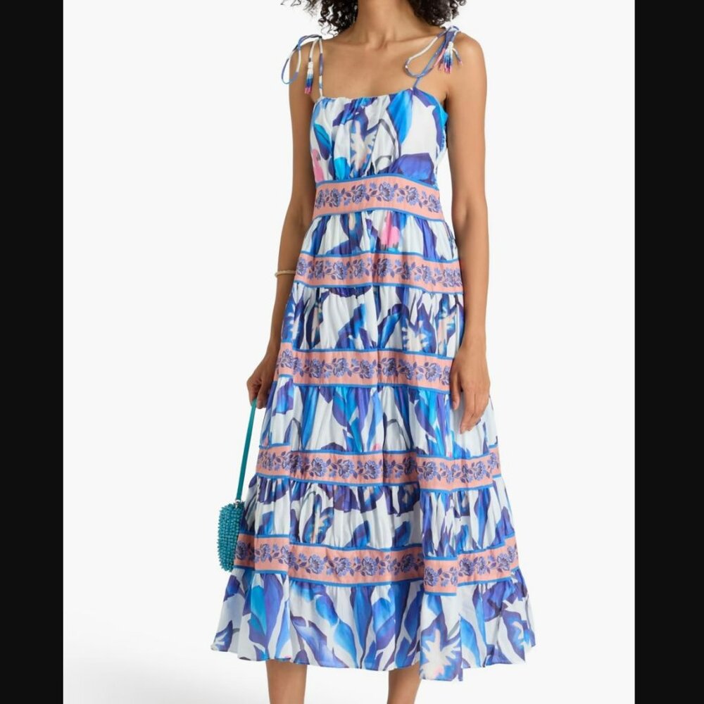 Farm Rio Foliage Printed Tiered Cotton Midi Dress